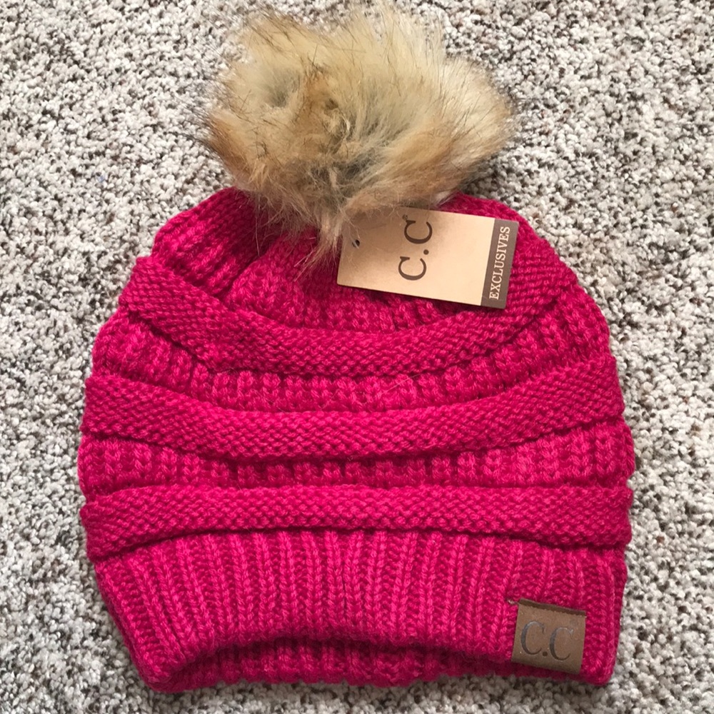 Bunny ball c.c beanie, knit beanie, c.c beanie